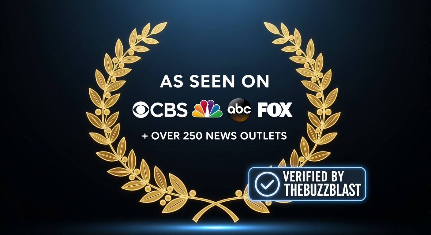 Logo with gold laurel wreath and text 'As Seen on' with multiple news outlet logos and 'Verified by TheBuzzBlast' badge on a dark background.